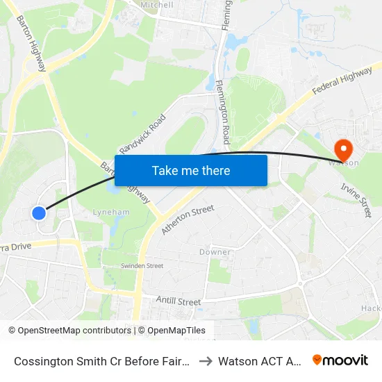 Cossington Smith Cr Before Fairweather Cct to Watson ACT Australia map