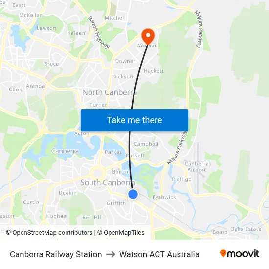 Canberra Railway Station to Watson ACT Australia map