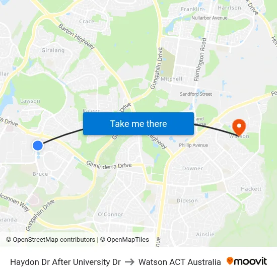 Haydon Dr After University Dr to Watson ACT Australia map