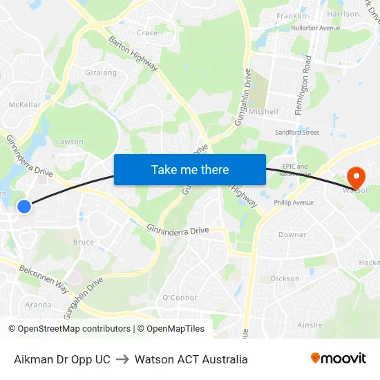 Aikman Dr Opp UC to Watson ACT Australia map