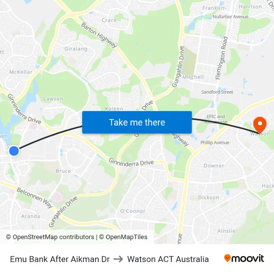 Emu Bank After Aikman Dr to Watson ACT Australia map
