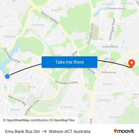 Emu Bank Bus Stn to Watson ACT Australia map