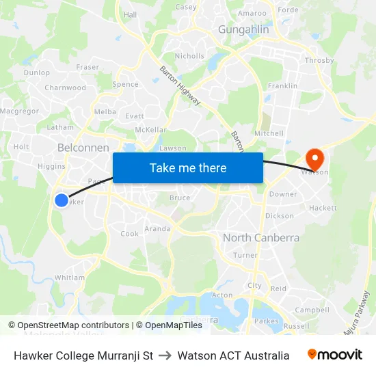 Hawker College Murranji St to Watson ACT Australia map