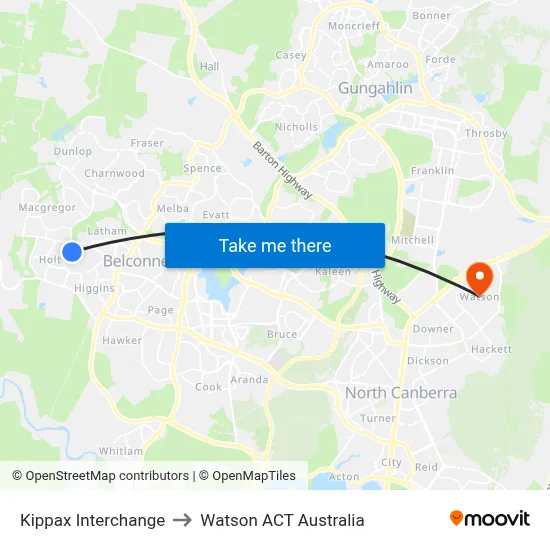 Kippax Interchange to Watson ACT Australia map