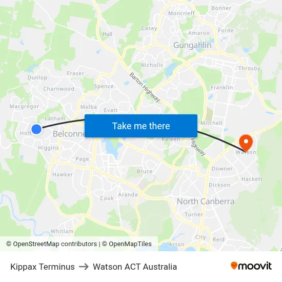 Kippax Terminus to Watson ACT Australia map