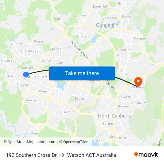 192 Southern Cross Dr to Watson ACT Australia map