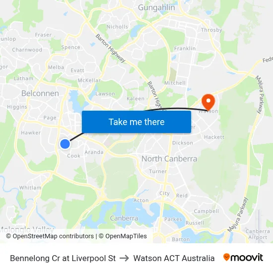 Bennelong Cr at Liverpool St to Watson ACT Australia map