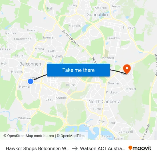 Hawker Shops Belconnen Way to Watson ACT Australia map
