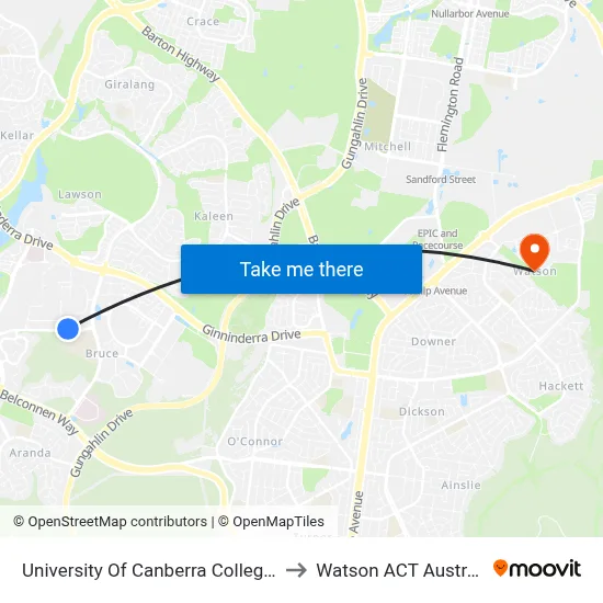 University Of Canberra College St to Watson ACT Australia map