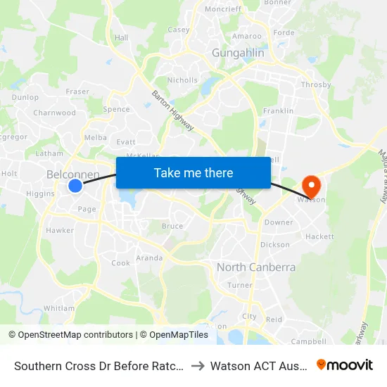 Southern Cross Dr Before Ratcliffe Cr to Watson ACT Australia map