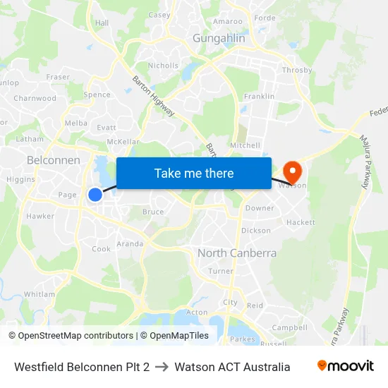 Westfield Belconnen Plt 2 to Watson ACT Australia map