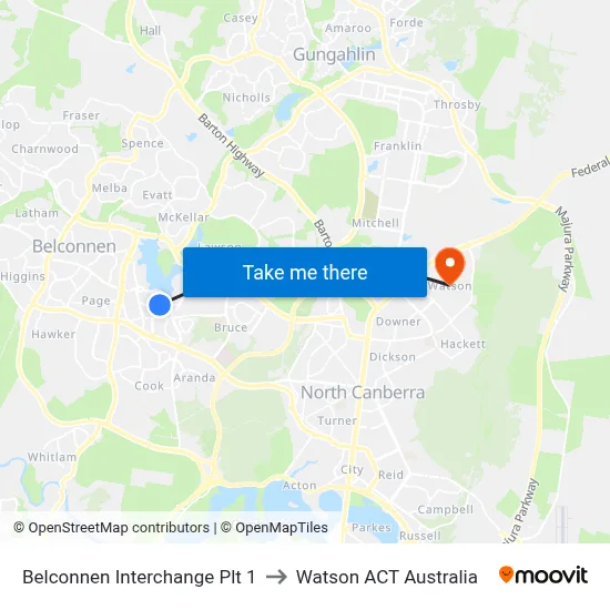 Belconnen Interchange Plt 1 to Watson ACT Australia map