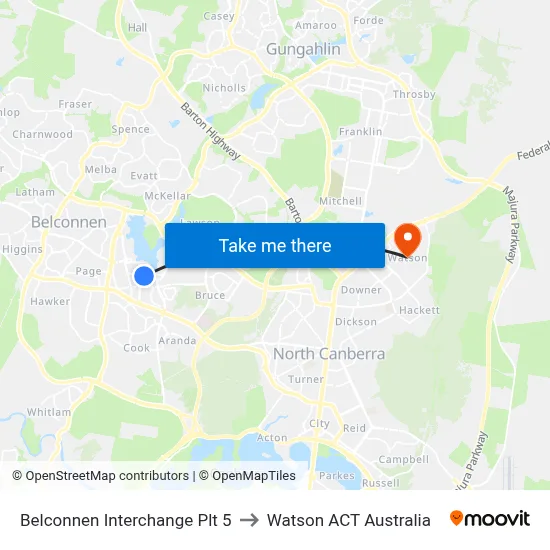 Belconnen Interchange Plt 5 to Watson ACT Australia map
