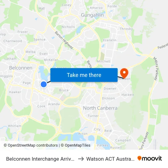 Belconnen Interchange Arrivals to Watson ACT Australia map