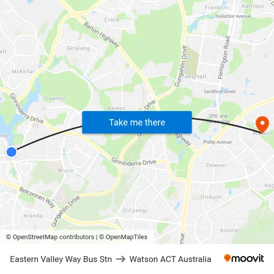 Eastern Valley Way Bus Stn to Watson ACT Australia map