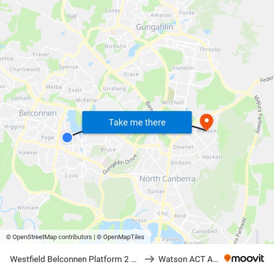 Westfield Belconnen Platform 2 Set Down Only to Watson ACT Australia map