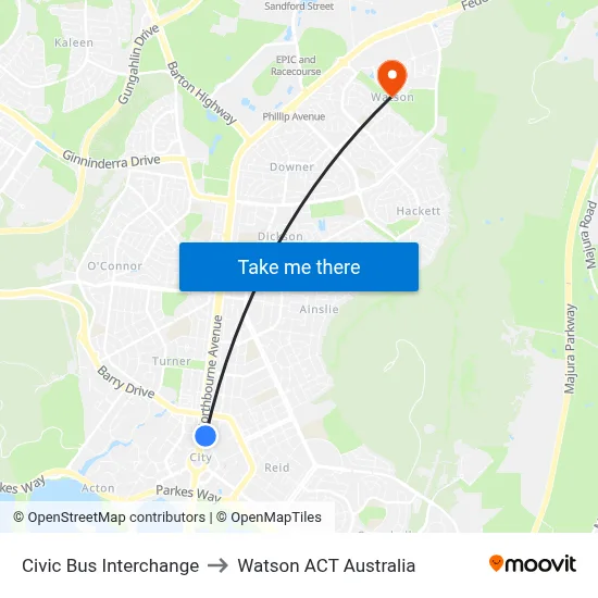 Civic Bus Interchange to Watson ACT Australia map