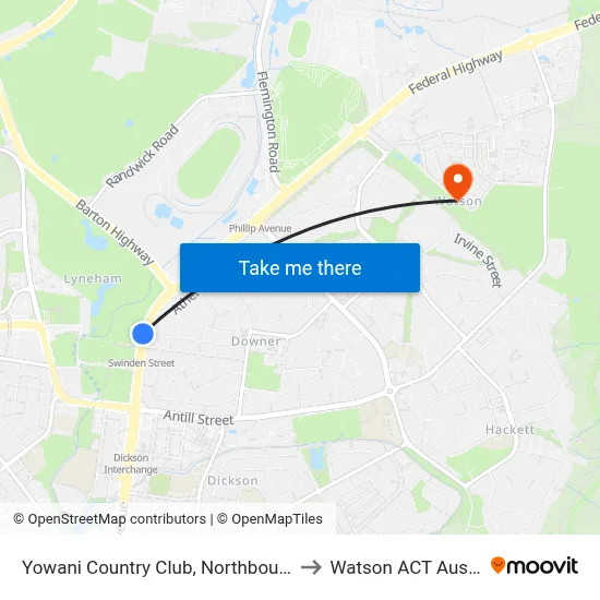 Yowani Country Club, Northbourne Ave to Watson ACT Australia map