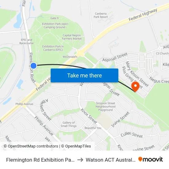 Flemington Rd Exhibition Park to Watson ACT Australia map