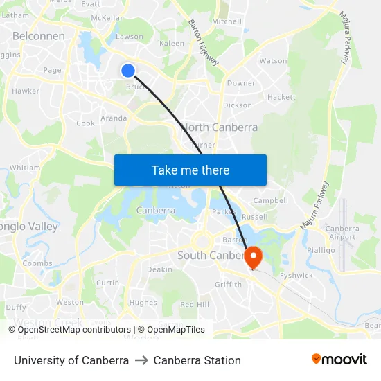 University of Canberra to Canberra Station map