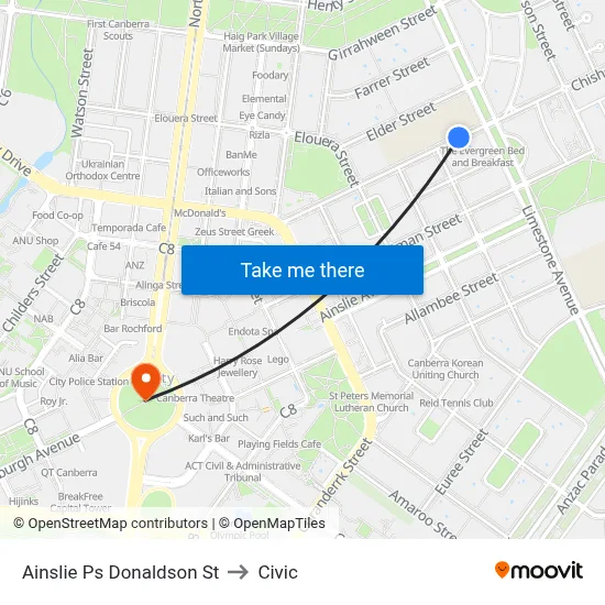 Ainslie Ps Donaldson St to Civic map