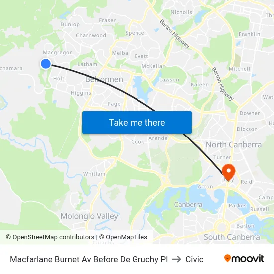 Macfarlane Burnet Av Before De Gruchy Pl to Civic map