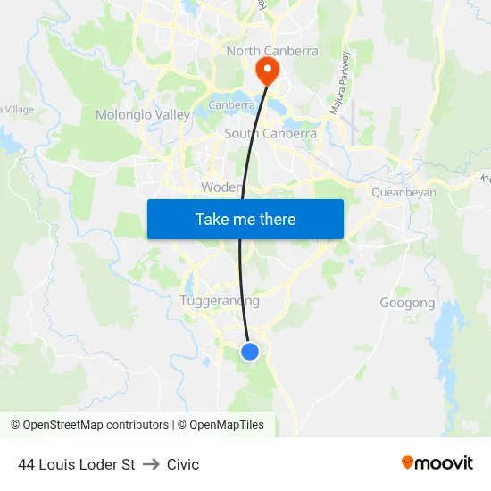 44 Louis Loder St to Civic map