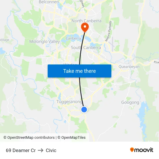 69 Deamer Cr to Civic map