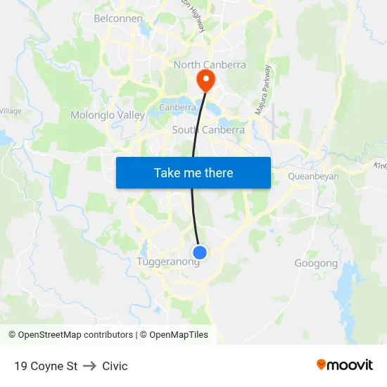 19 Coyne St to Civic map