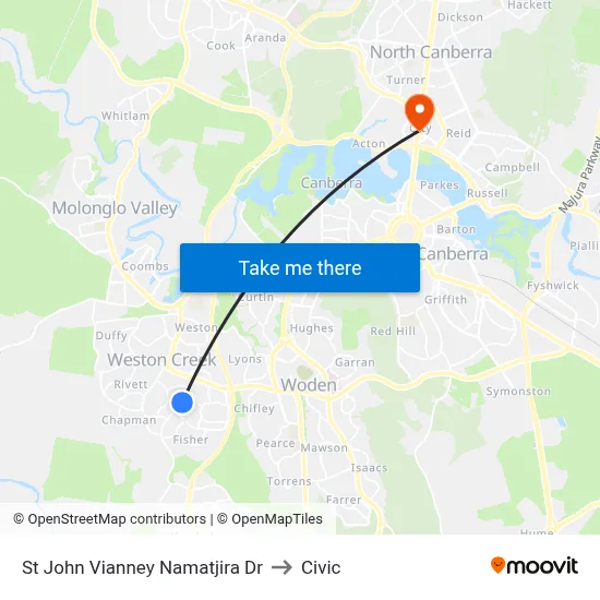St John Vianney Namatjira Dr to Civic map