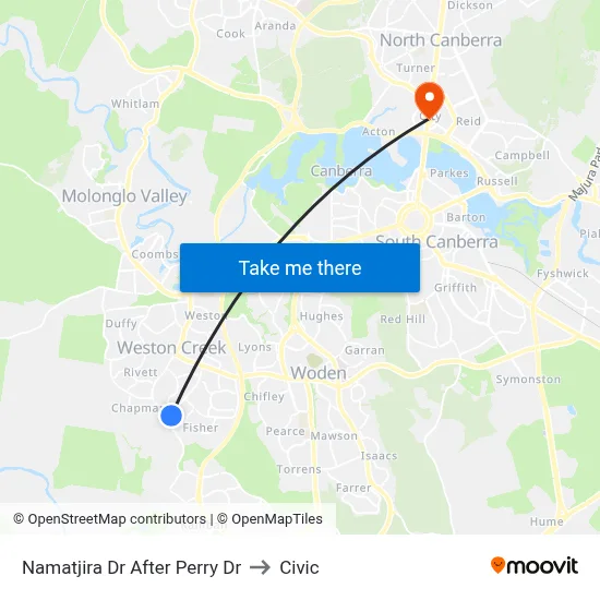 Namatjira Dr After Perry Dr to Civic map