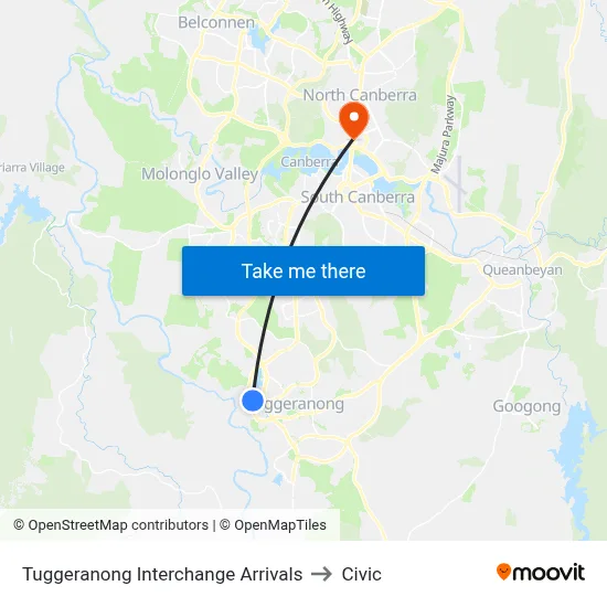 Tuggeranong Interchange Arrivals to Civic map