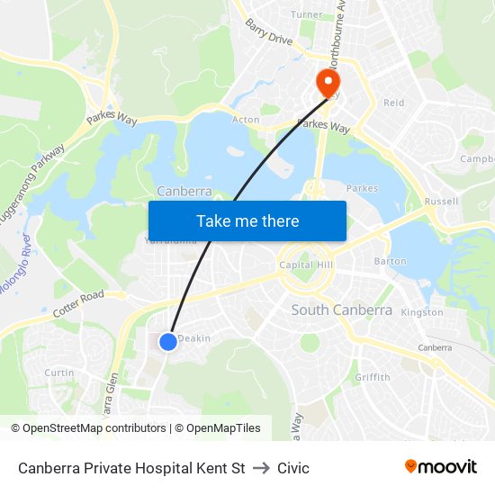 Canberra Private Hospital Kent St to Civic map