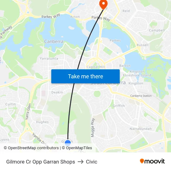 Gilmore Cr Opp Garran Shops to Civic map