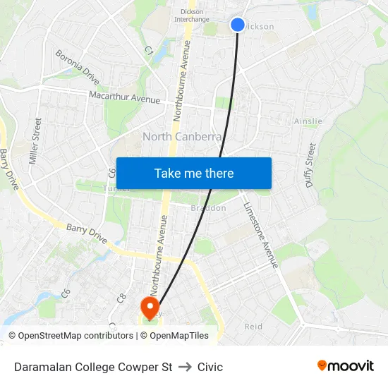 Daramalan College Cowper St to Civic map