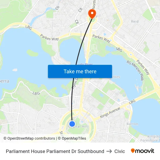 Parliament House Parliament Dr Southbound to Civic map