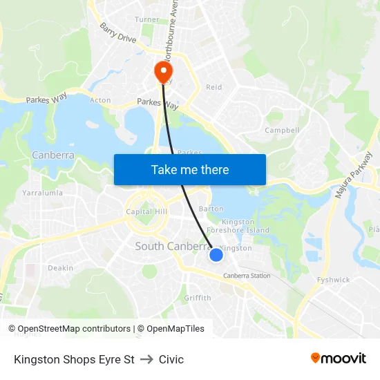 Kingston Shops Eyre St to Civic map