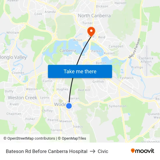 Bateson Rd Before Canberra Hospital to Civic map