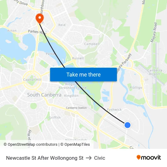 Newcastle St After Wollongong St to Civic map