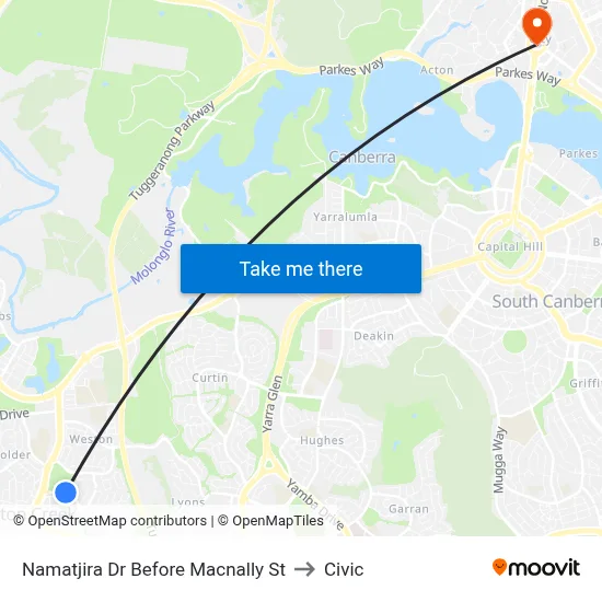 Namatjira Dr Before Macnally St to Civic map