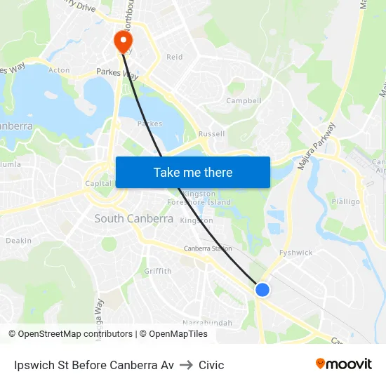 Ipswich St Before Canberra Av to Civic map