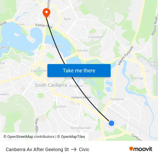 Canberra Av After Geelong St to Civic map
