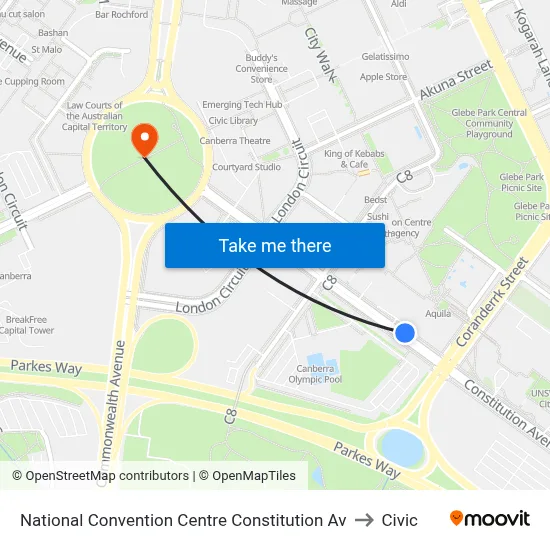 National Convention Centre Constitution Av to Civic map