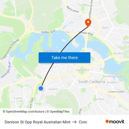 Denison St Opp Royal Australian Mint to Civic map