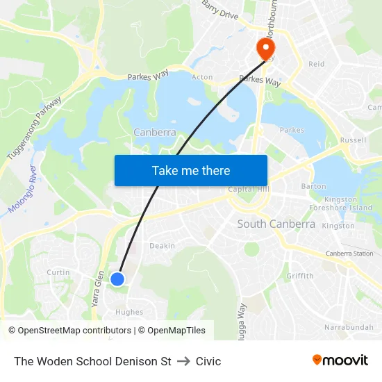 The Woden School Denison St to Civic map