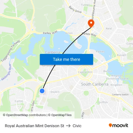 Royal Australian Mint Denison St to Civic map