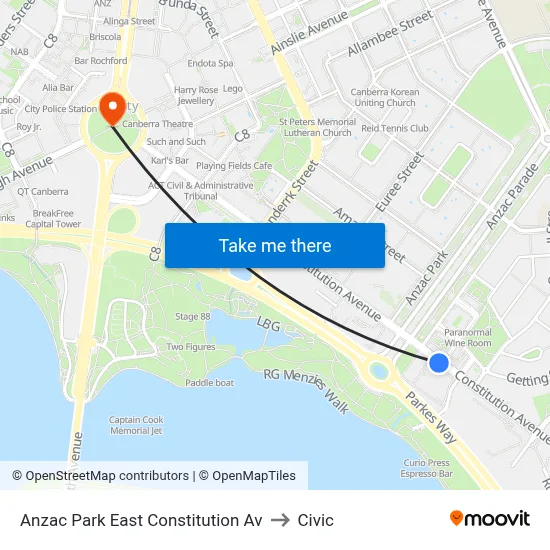 Anzac Park East Constitution Av to Civic map