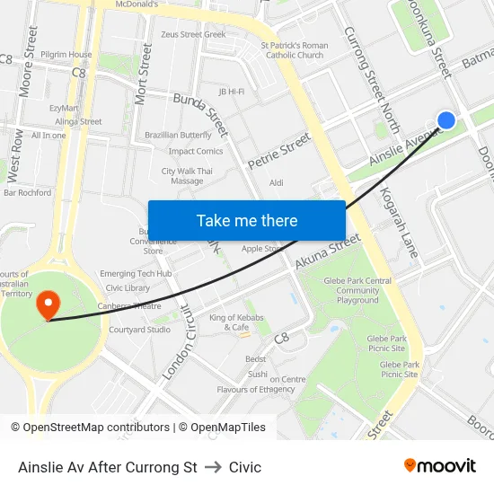 Ainslie Av After Currong St to Civic map
