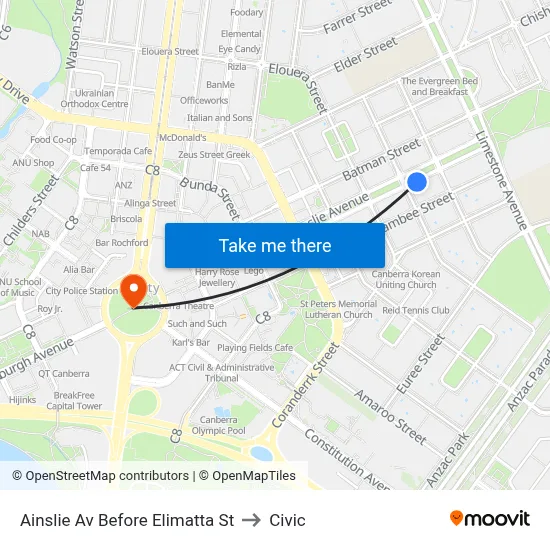 Ainslie Av Before Elimatta St to Civic map