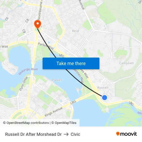 Russell Dr After Morshead Dr to Civic map